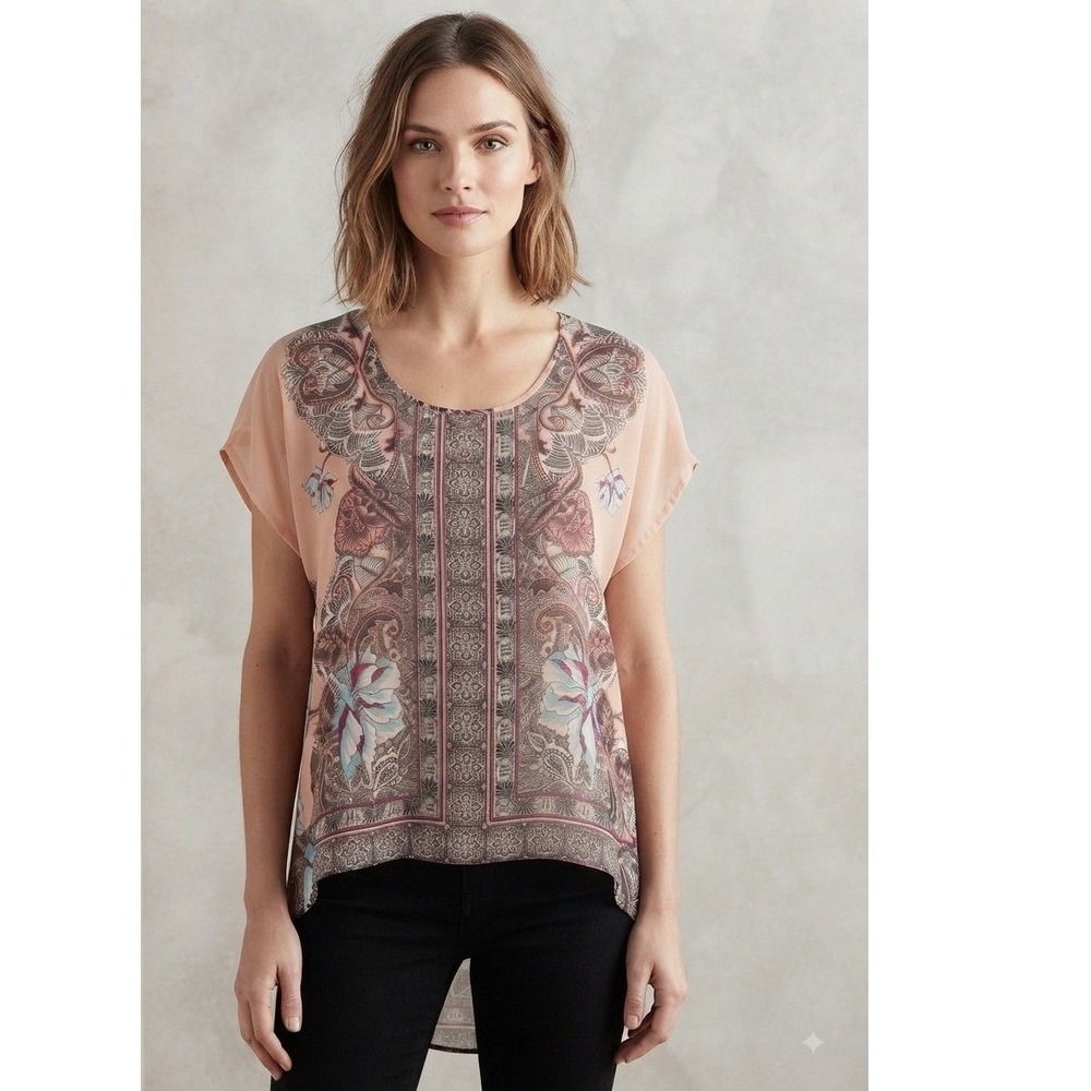 Live 4 Truth Peach Boho Paisley Floral Chiffon High Low Dolman Blouse Large